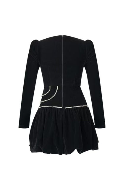 vanessa black square neck rhinestone velvet mini dress