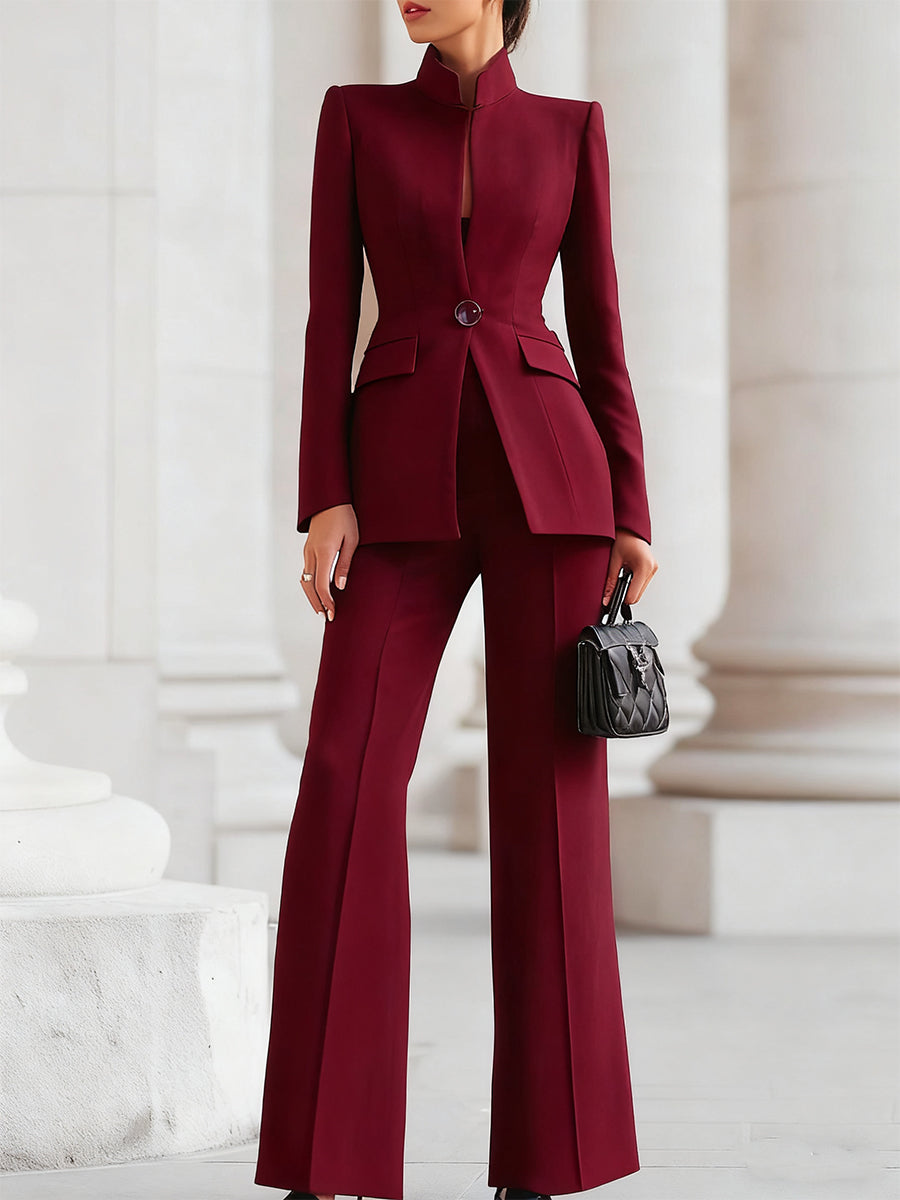 Sophisticated  High-Collar Blazer & Wide-Leg Trousers Set Avalabel