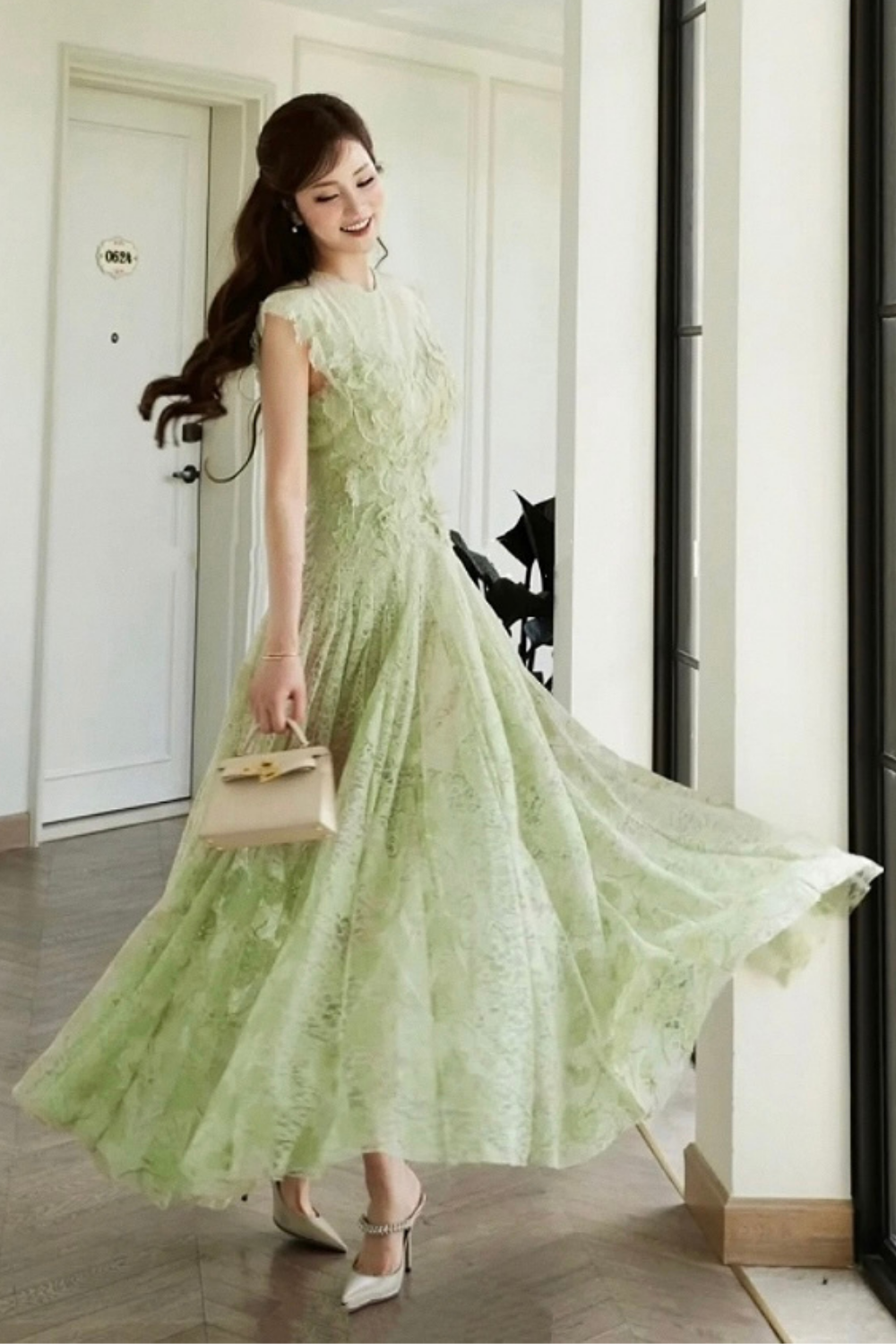 jennifer Lace Flower embellished maxi Dress in green Avalabel