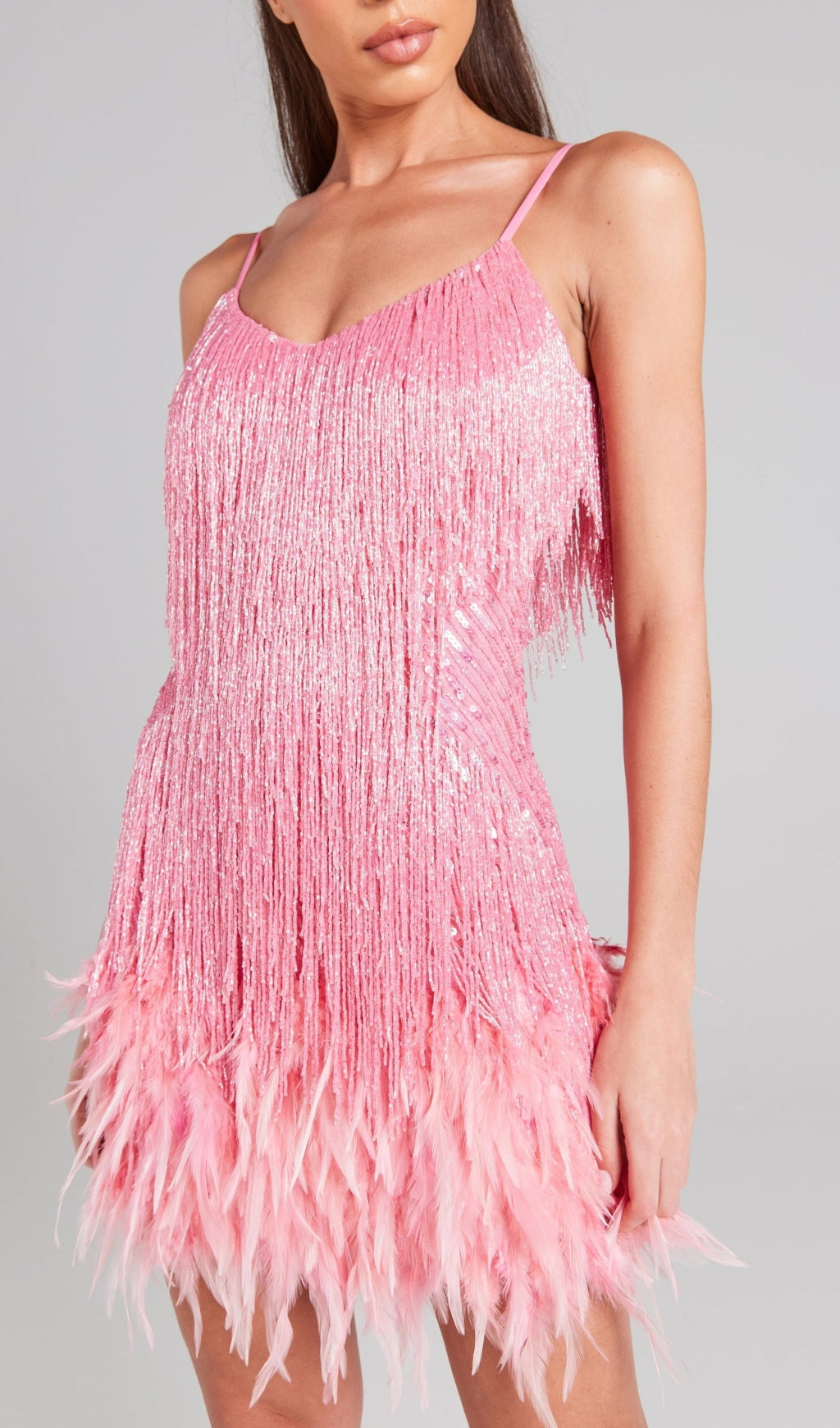 PINK TASSEL FEATHER MINI DRESS Avalabel