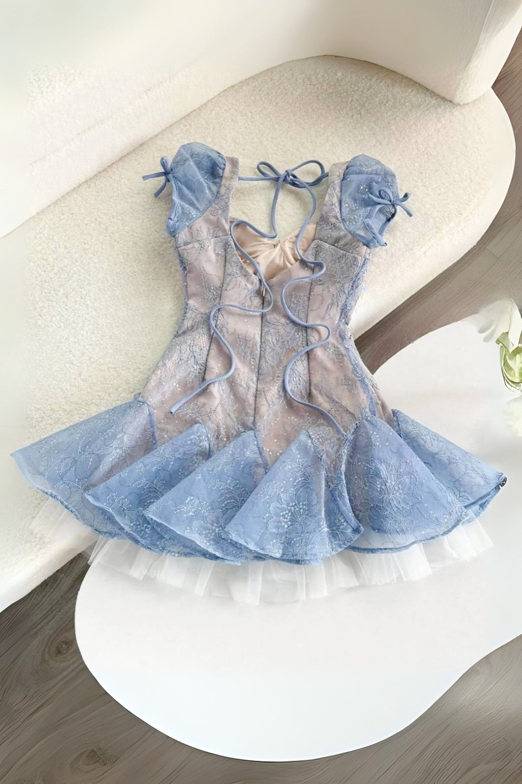 Lace Embroidery Puffy Mini Dress in Blue Avalabel