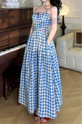 Virginia Plaid Strap Maxi Dress in Blue Avalabel