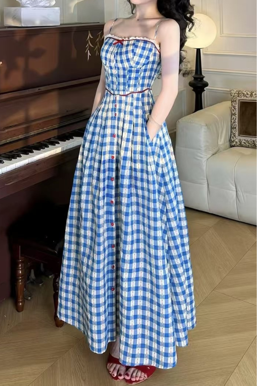 Virginia Plaid Strap Maxi Dress in Blue Avalabel