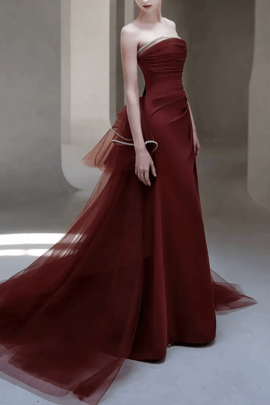 Cora Burgundy Strapless Ruched Tulle Dress Avalabel