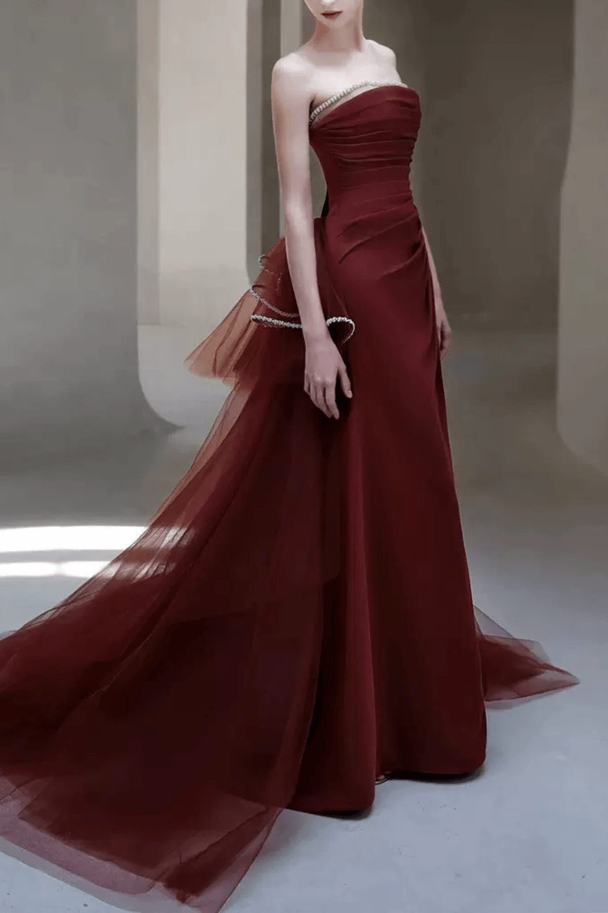 Cora Burgundy Strapless Ruched Tulle Dress Avalabel