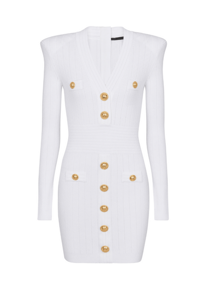 vicky v-neck button-detail ribbed mini dress in white
