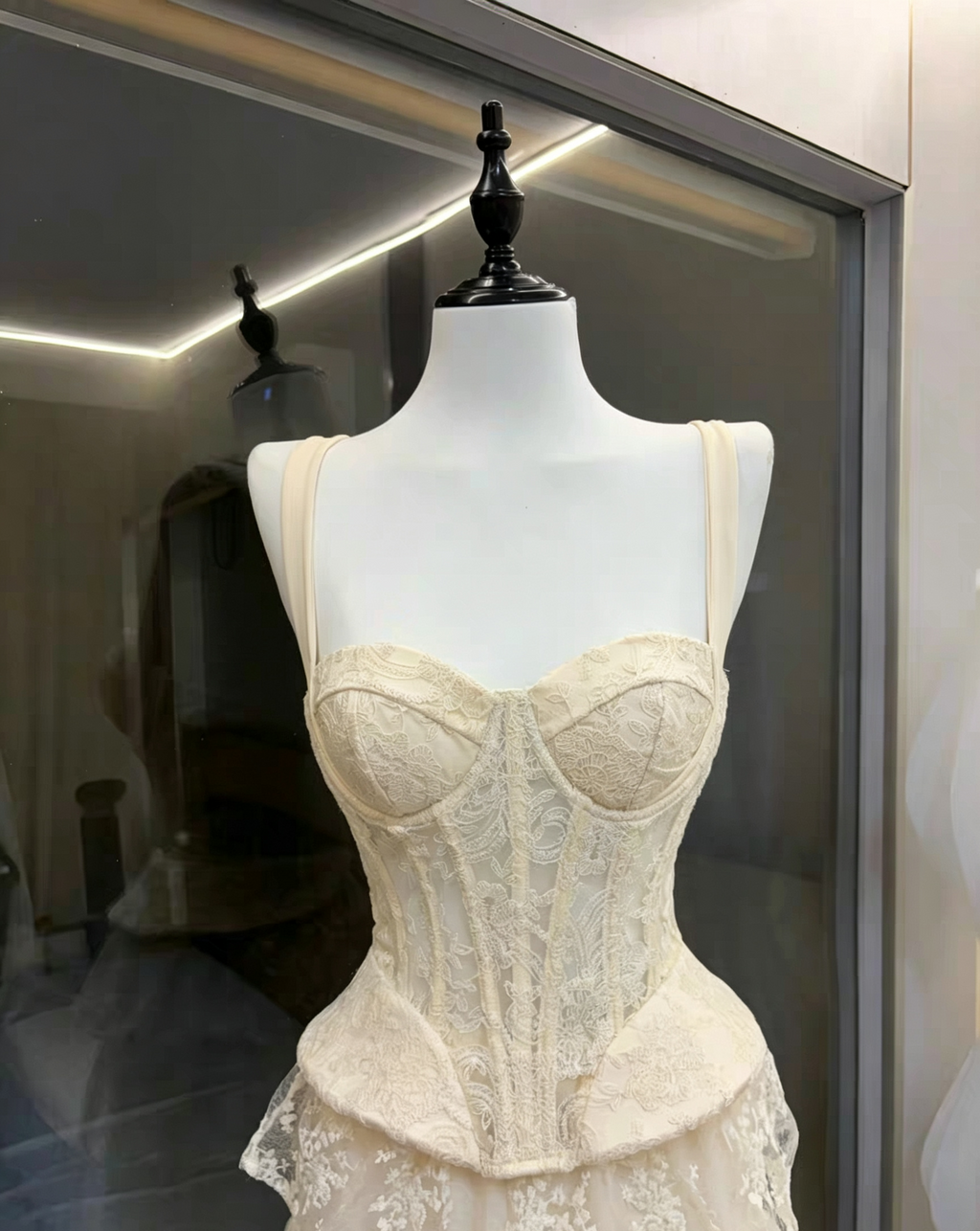 Ivory Wide Strap Lace Corset Peplum Top & Tiered High Low Lace Skirt Set Avalabel
