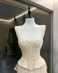 Ivory Wide Strap Lace Corset Peplum Top & Tiered High Low Lace Skirt Set Avalabel