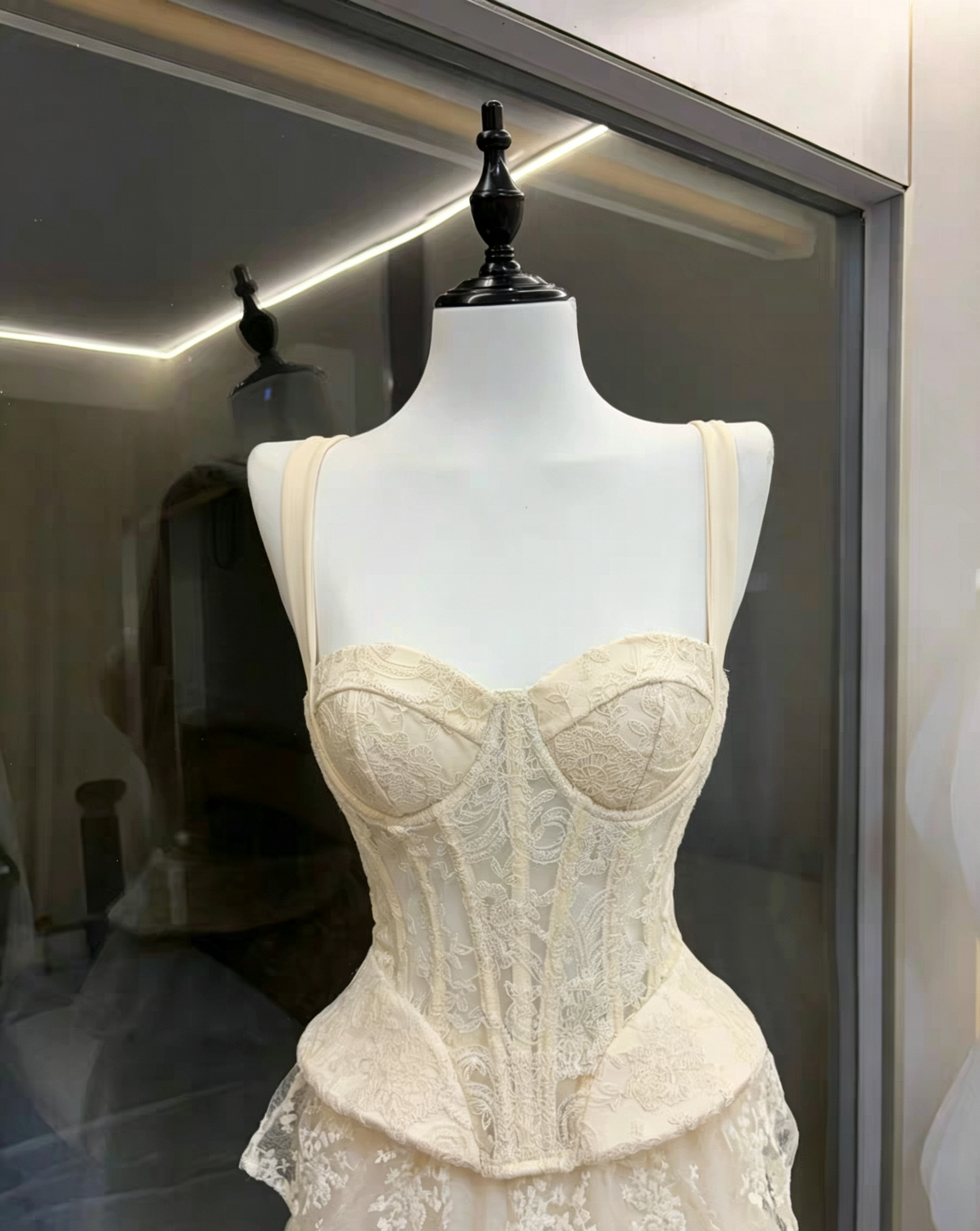Ivory Wide Strap Lace Corset Peplum Top & Tiered High Low Lace Skirt Set Avalabel