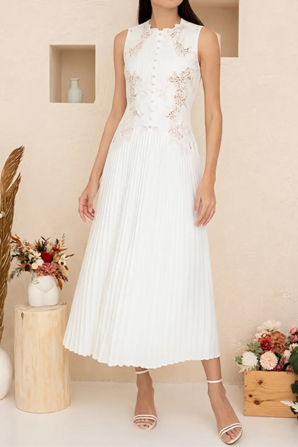 nancy lace embroidery pleated midi dress in white Avalabel