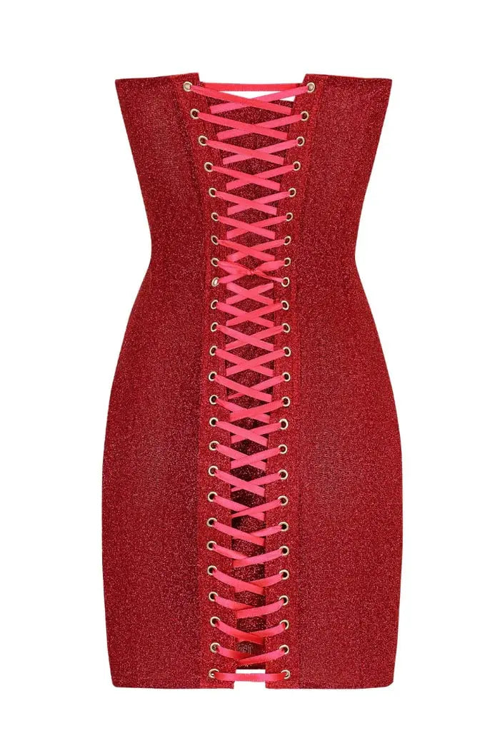 Corset Strapless Mini Dress with Lace-up Back in Red Avalabel