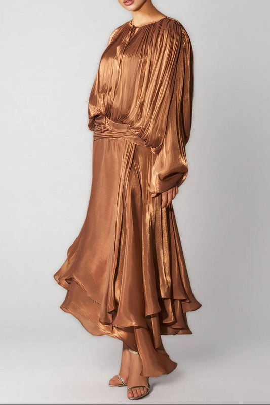brown Pleated Bodice Draped puff sleeve Maxi Dress