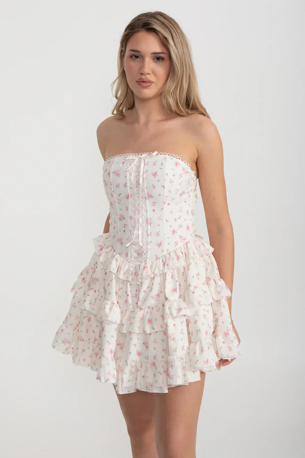 Martha Ruffle Printed Strapless Mini Dress in Pink Avalabel