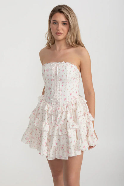 Martha Ruffle Printed Strapless Mini Dress in Pink