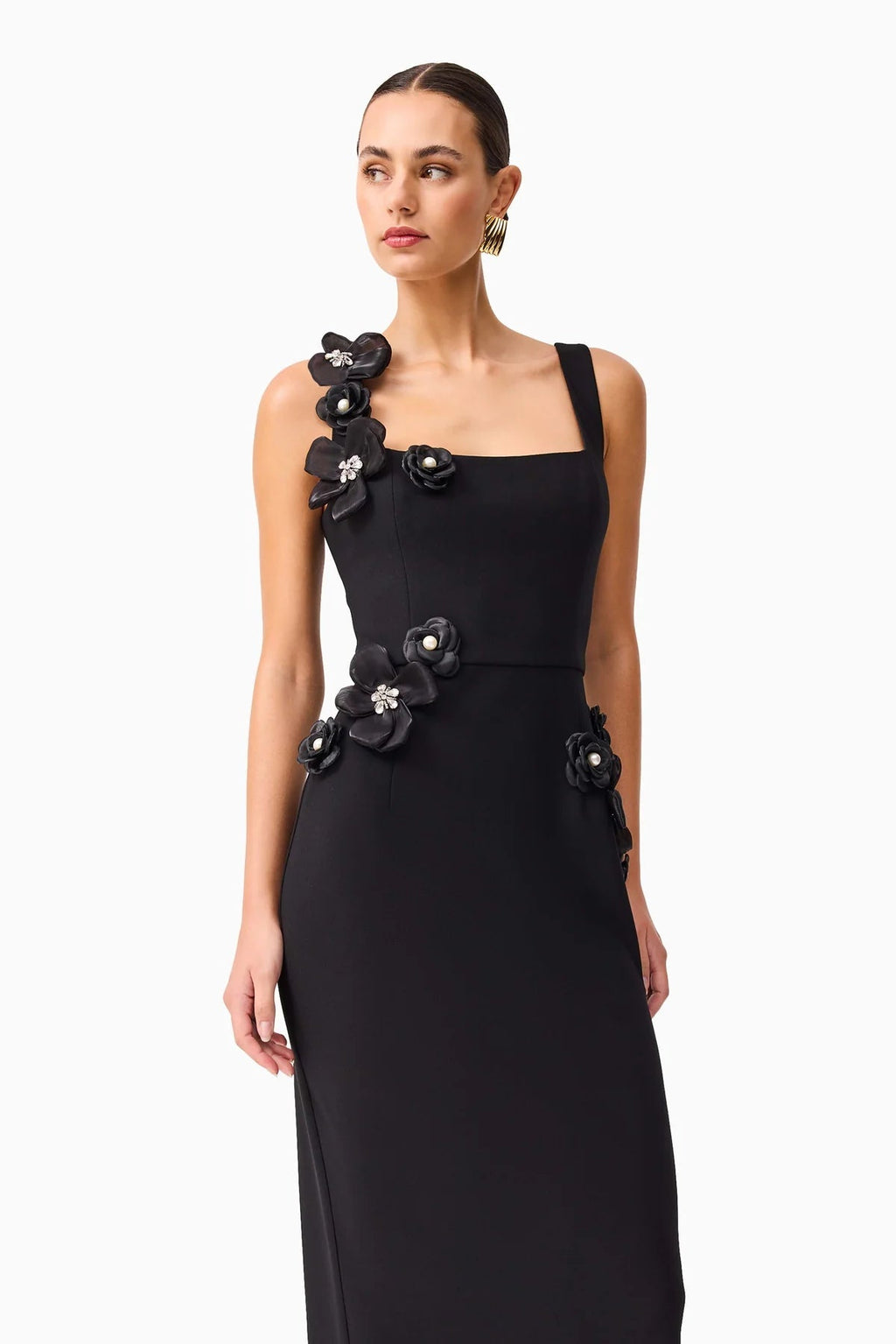 Sabrina 3DD Flower Midi Dress in Black Soraya