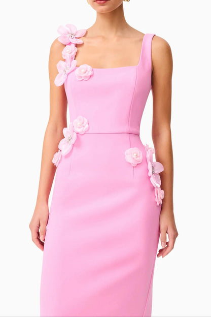 Sabrina 3D Flower Midi Dress in Pink