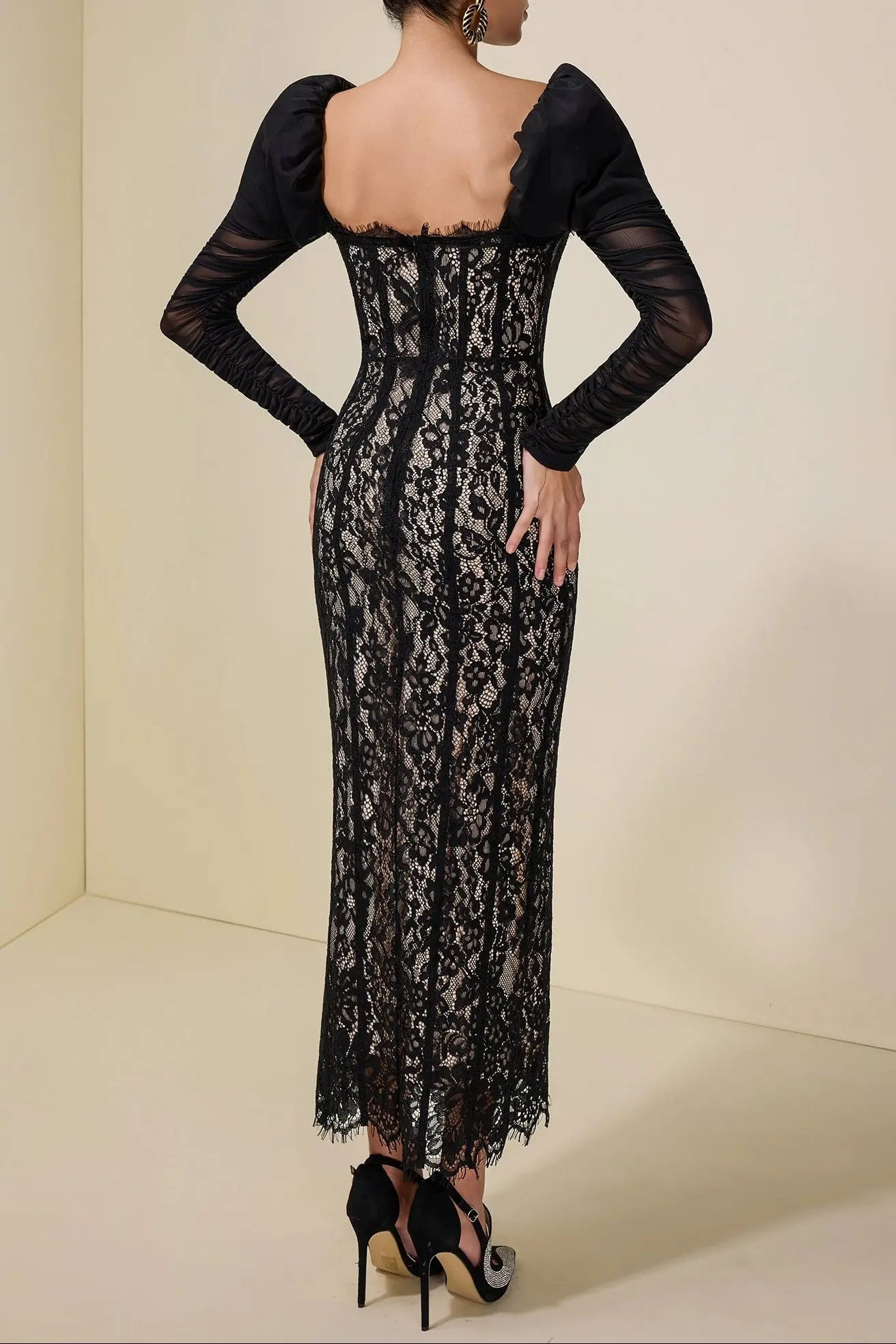 wendy Lace Splicing Mesh Puff Sleeve Midi Dress in black Avalabel