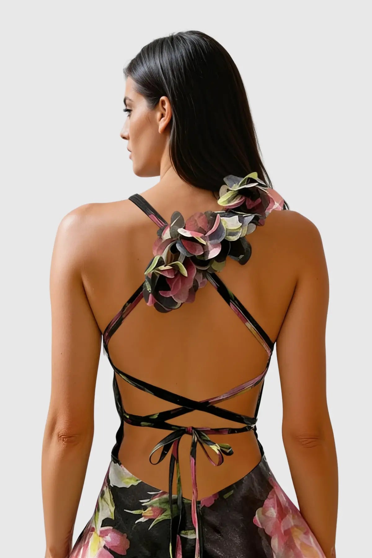 Pera Floral Appliqué Ruffle Mini Dress - Black Avalabel