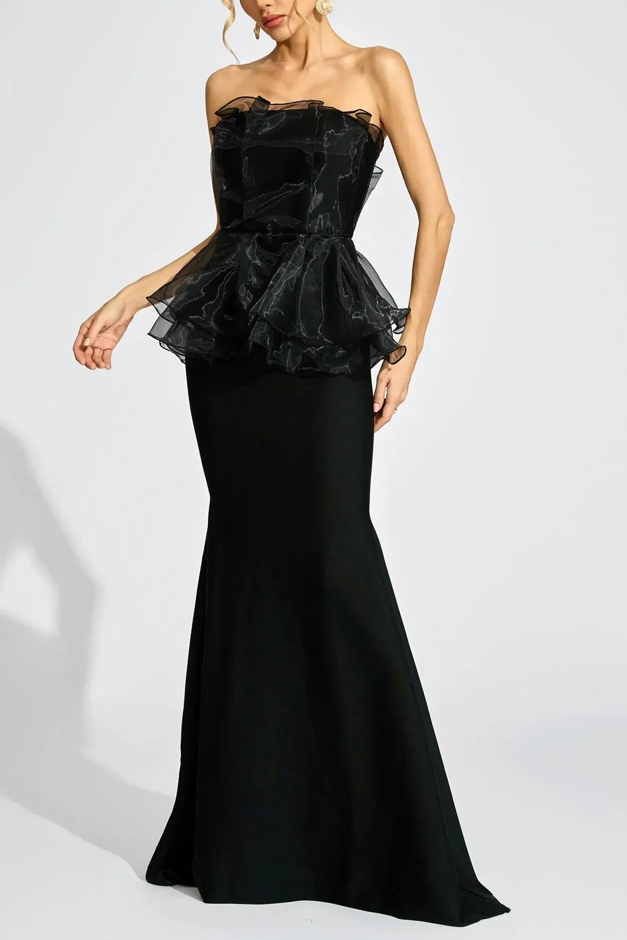 lorraine Black Peplum strapless maxi Dress Avalabel