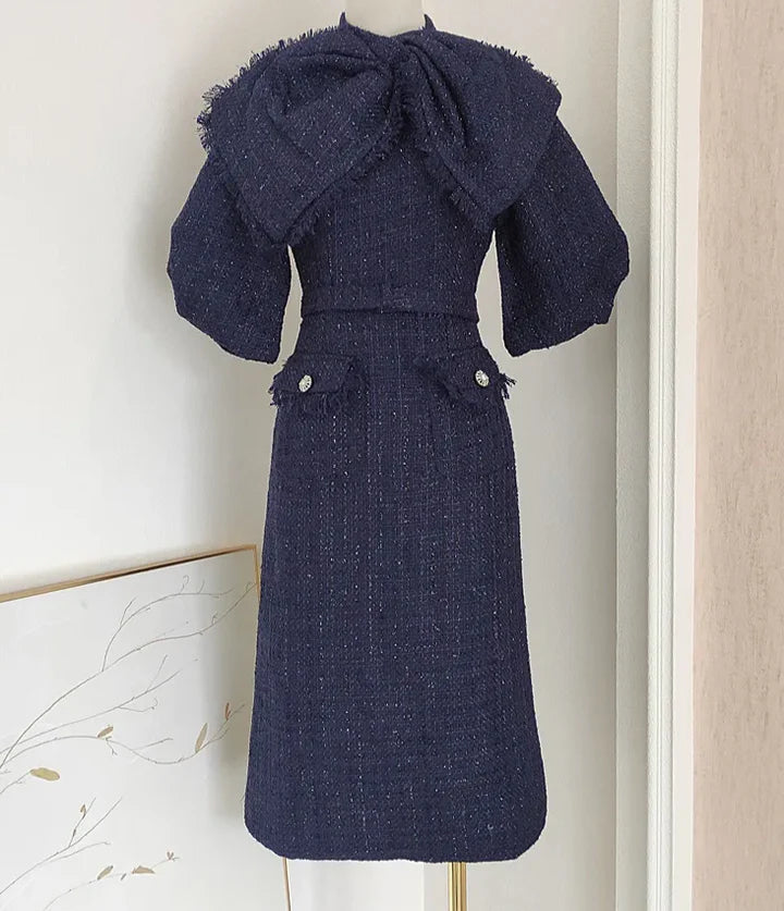 mildred Tweed bow collar midi dress in dark blue Avalabel
