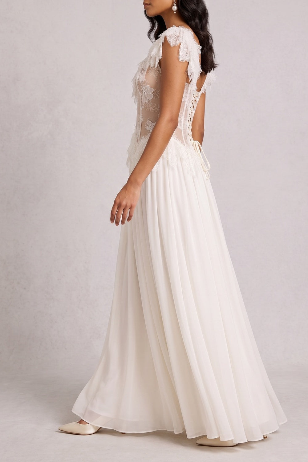 Off Shoulder 3D Floral Lace Corset Chiffon Maxi Dress poava
