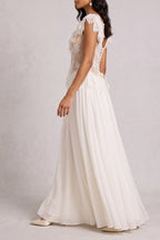 Off Shoulder 3D Floral Lace Corset Chiffon Maxi Dress poava