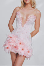 Tube Top deep V-neck pearl bodycon mini dress in pink Avalabel