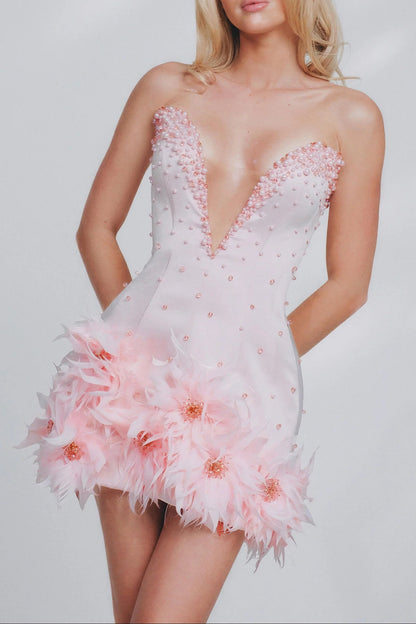 Tube Top deep V-neck pearl bodycon mini dress in pink