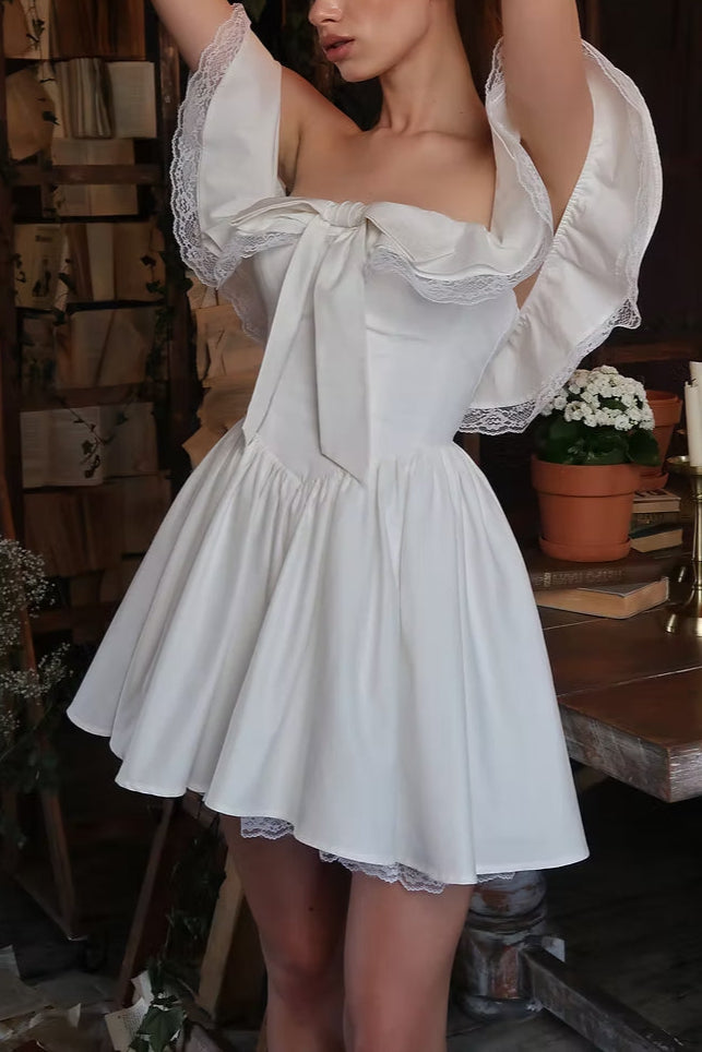 Alison Off-Shoulder Bow Lace Mini Dress in White Avalabel