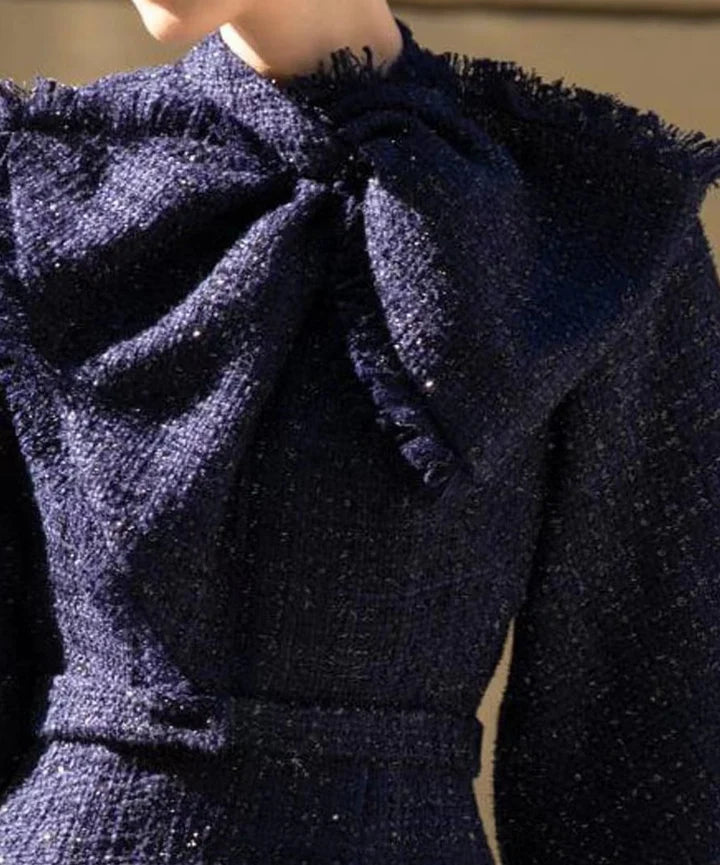 mildred Tweed bow collar midi dress in dark blue Avalabel