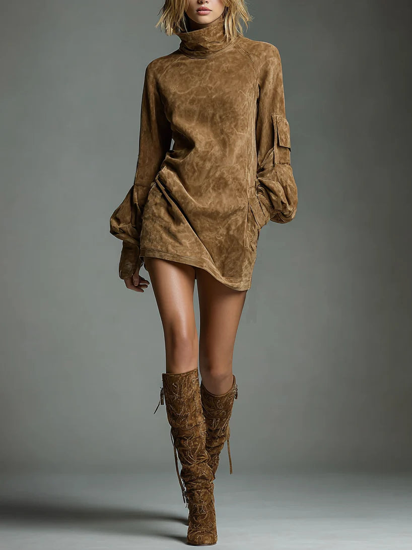 Loose turtleneck mini dress made of suede Avalabel