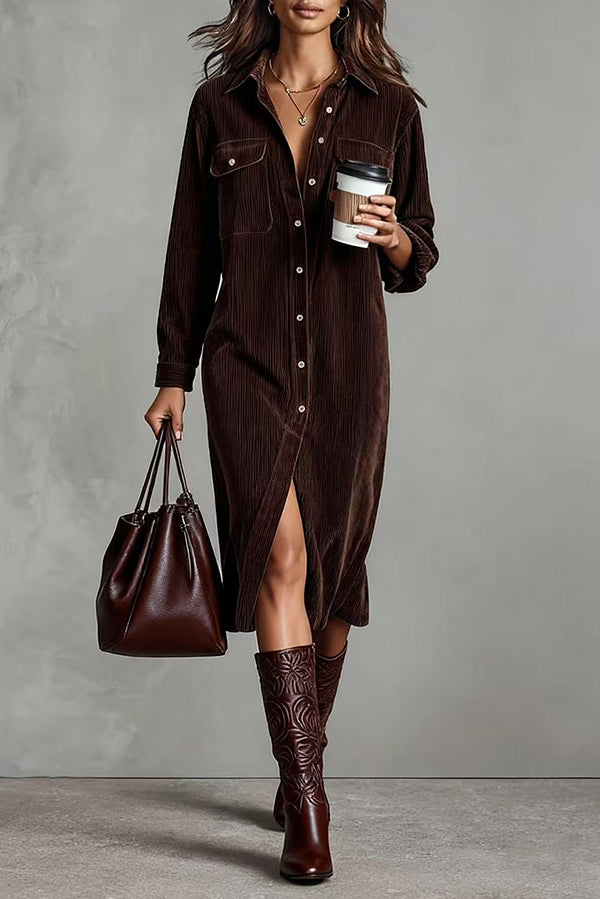 Solid Color Single-Breasted Pocket Casual Shirt-Style Midi Dress Avalabel