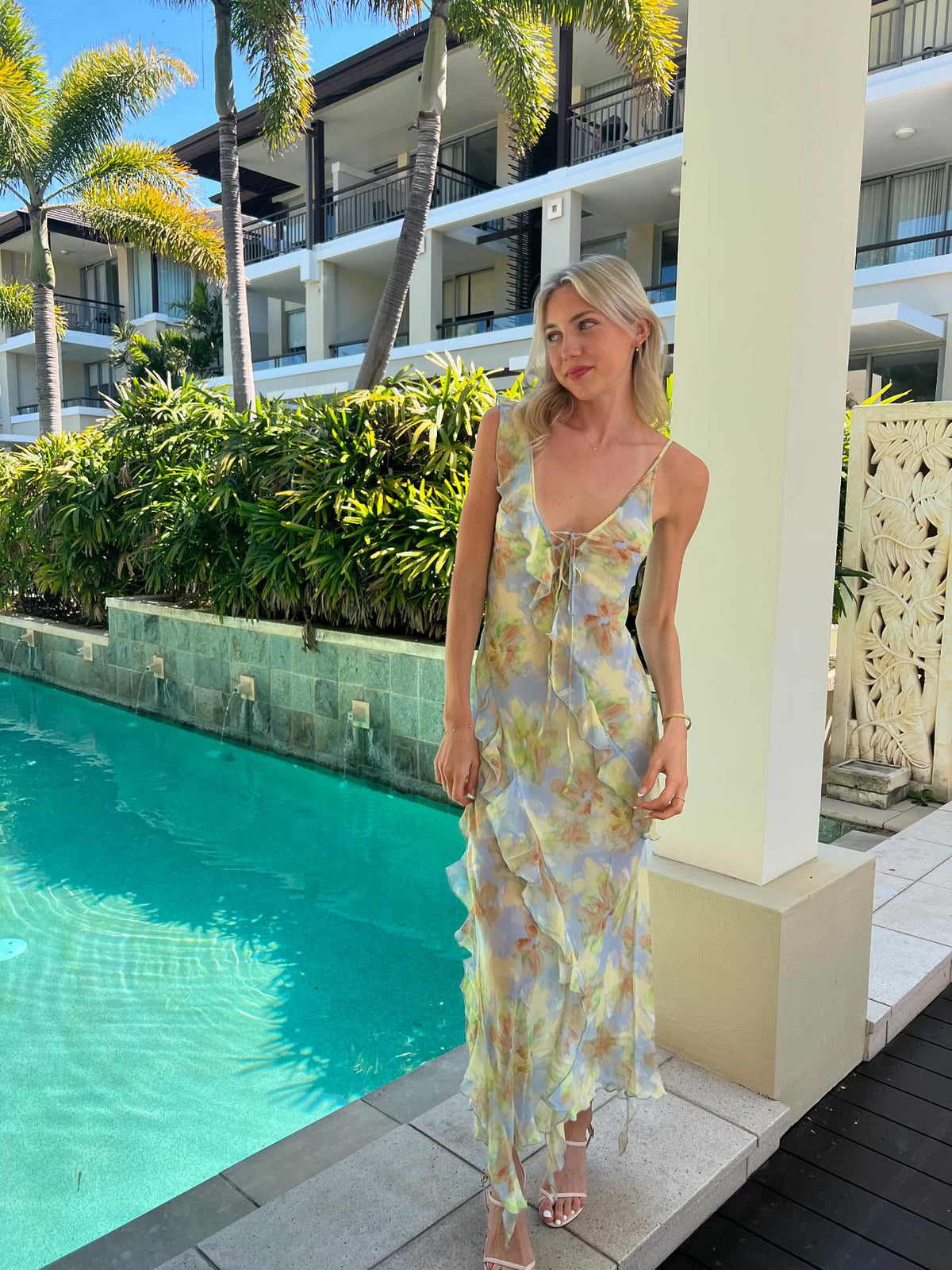 Cecilia Chiffon Ruffles Maxi Dress in Blue Avalabel