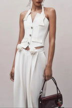Halter Neck Vest Flower Embellished Pants Suit in Ivory Avalabel