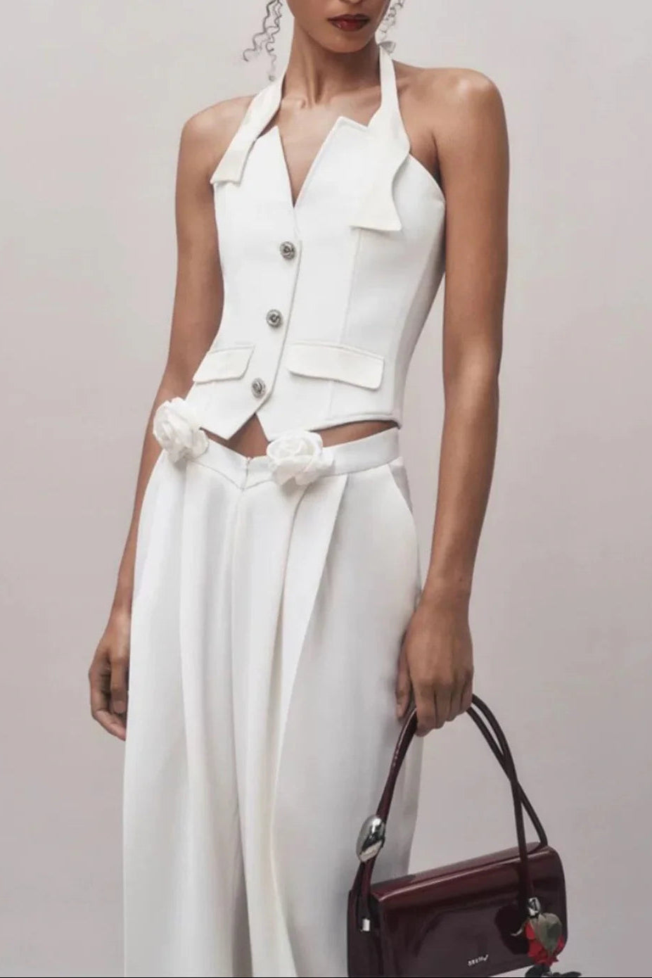 Halter Neck Vest Flower Embellished Pants Suit in Ivory Avalabel