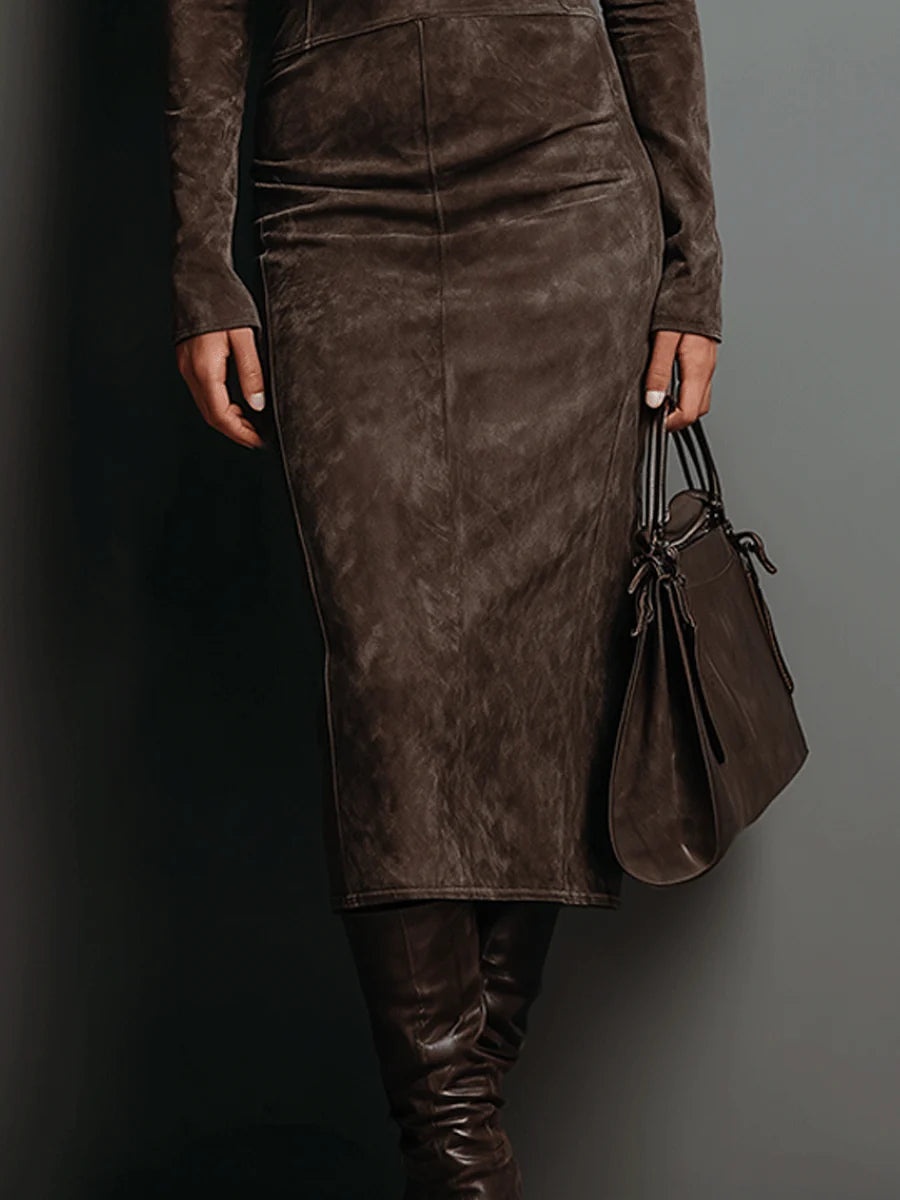 High Neck Long Sleeve Suede Midi Dress Avalabel