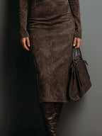 High Neck Long Sleeve Suede Midi Dress Avalabel