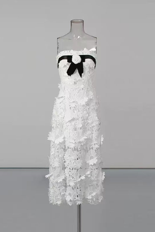 Strapless Flower Embroidery Maxi Dress In White Avalabel