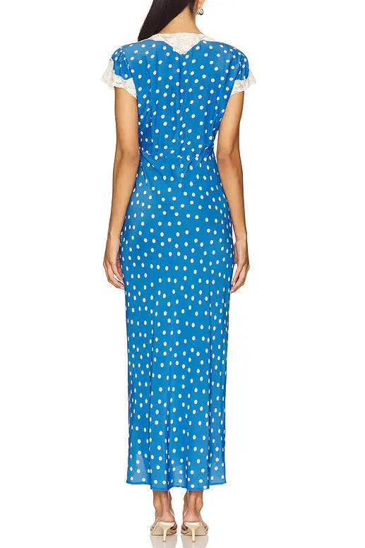 Lyuba Polka Dot Lace-Trimmed V-Neck Maxi Dress in Blue Avalabel