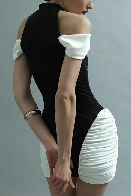Black-White Panel Sleeveless Gathered Halter Mini Dress Avalabel