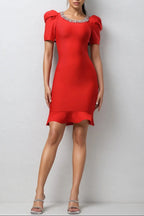 oanna Red Short Sleeve Rhinestone Bandage Mini Dress Avalabel