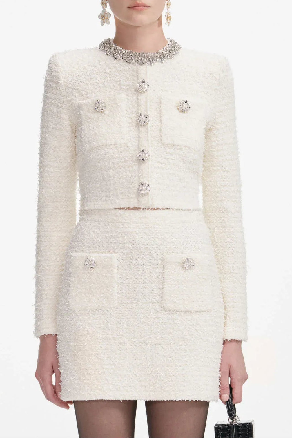alisa Diamond-embellished tweed cardigan skirt set in white Avalabel
