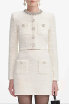 alisa Diamond-embellished tweed cardigan skirt set in white Avalabel