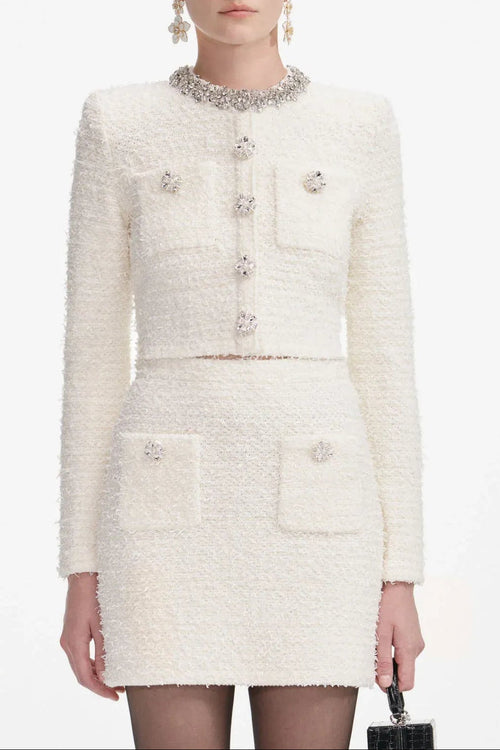 alisa Diamond-embellished tweed cardigan skirt set in white Avalabel