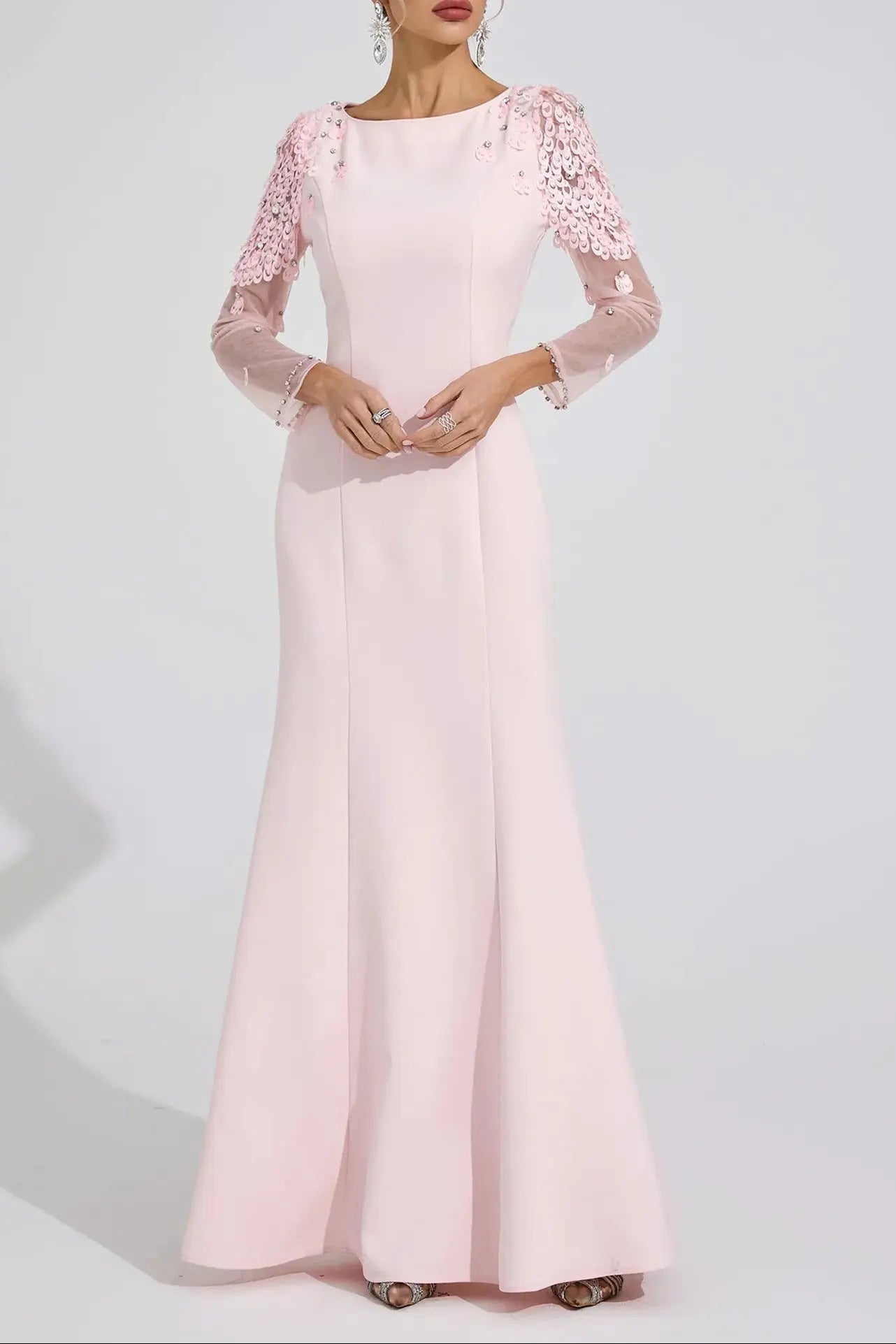 Victoria Pink Sequin Mesh Sleeve Maxi Dress Avalabel