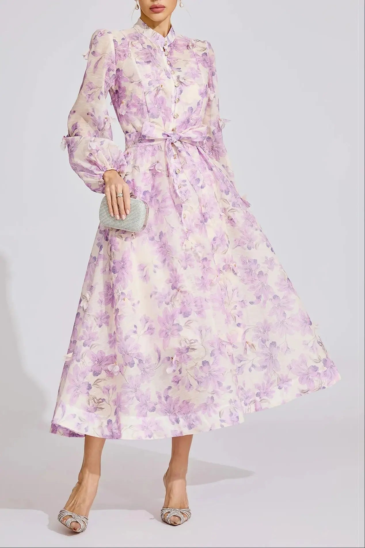 simona Floral print lantern sleeve Maxi Dress in purple Avalabel