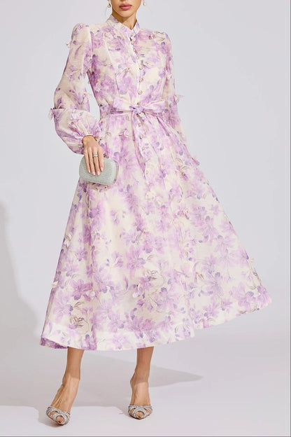 simona Floral print lantern sleeve Maxi Dress in purple