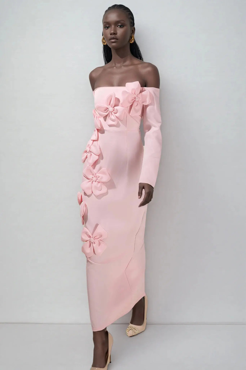hilary Pink 3D Flower long sleeve strapless Midi Dress Avalabel