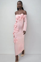 hilary Pink 3D Flower long sleeve strapless Midi Dress Avalabel