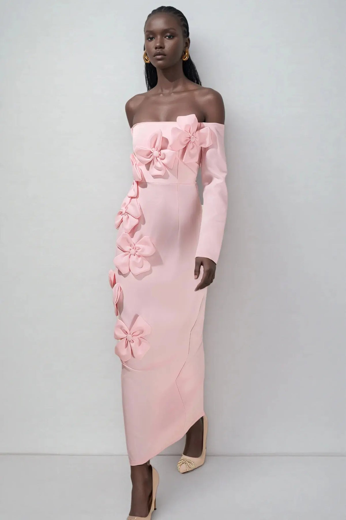 hilary Pink 3D Flower long sleeve strapless Midi Dress Avalabel